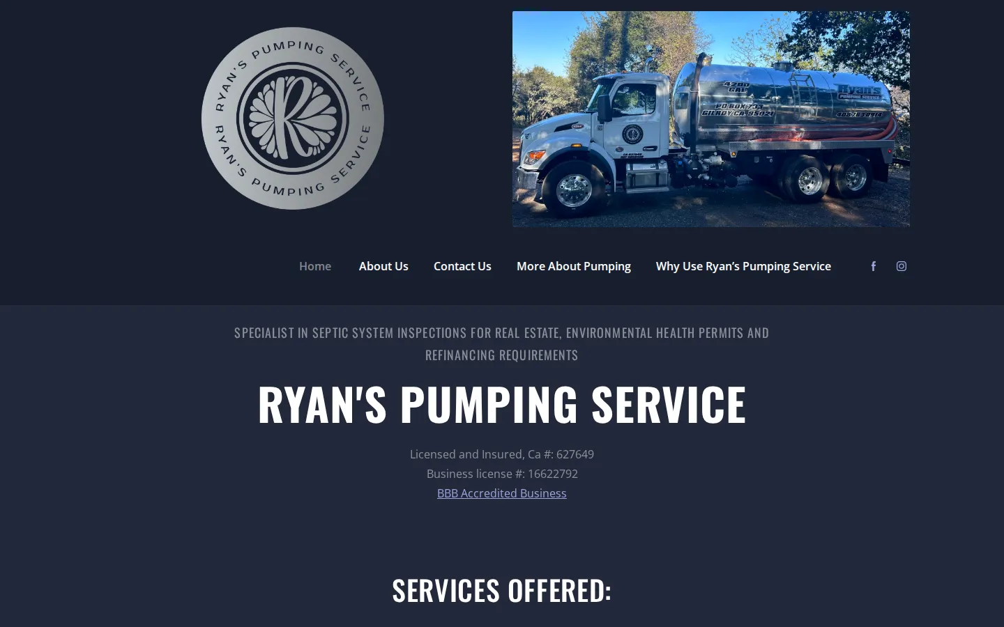 Ryan's Pumping Service's current homepage