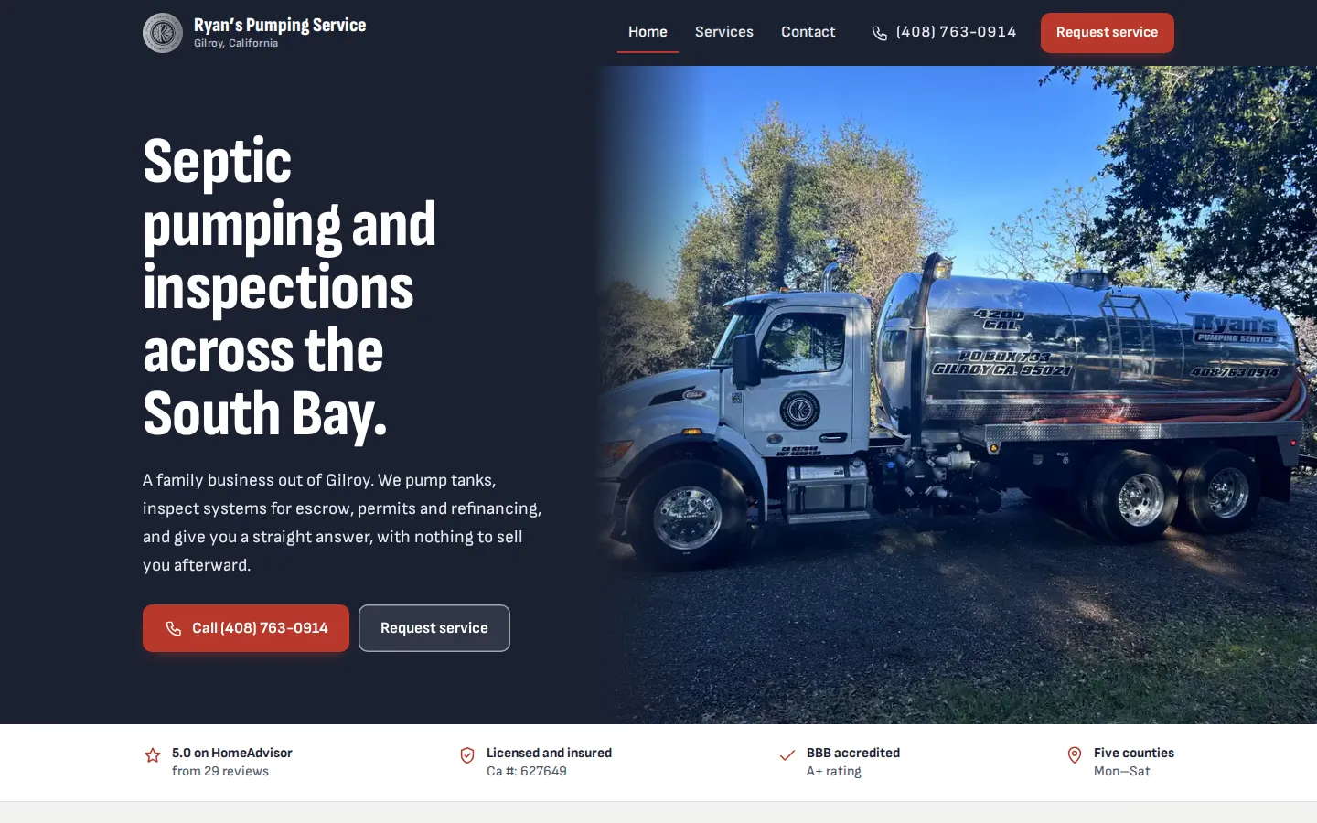 Homepage of Ryan's Pumping Service